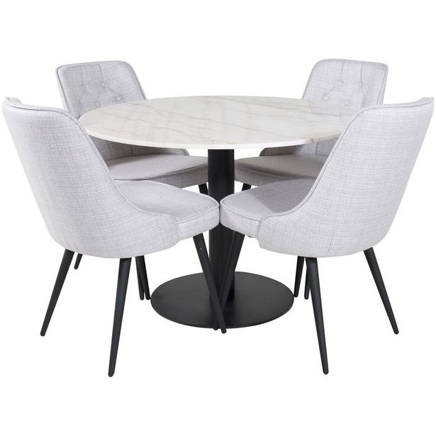 Ruokailuryhmä Venture Home, ø106cm valkoinen/musta Estelle-pöytä + 4 vaaleanharmaata Velvet Deluxe-tuolia