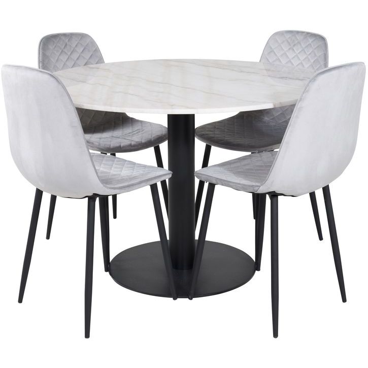Ruokailuryhmä Venture Home, ⌀106cm valkoinen Estelle-pöytä + 4 harmaata Polar Diamond -tuolia, sametti