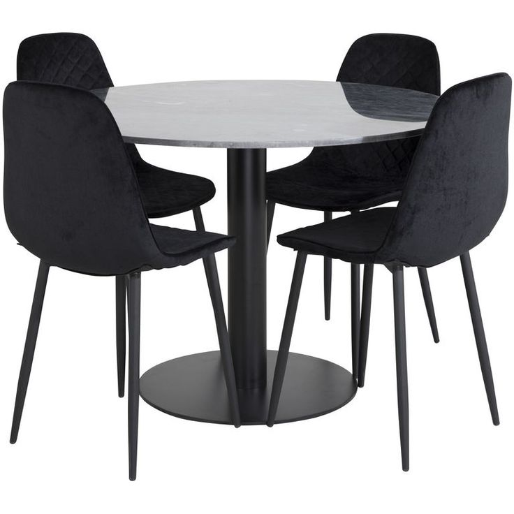 Ruokailuryhmä Venture Home, ø106cm musta Estelle-pöytä + 4 mustaa Polar Daimond -tuolia, sametti