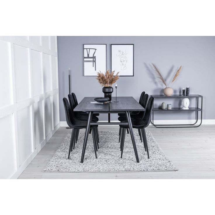 Ruokailuryhmä Venture Home, Sleek-ruokapöytä + 6 mustaa Polar Diamond-tuolia, sametti