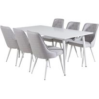 Ruokailuryhmä Venture Home, 180x90cm valkoinen Polar-pöytä+ 6 vaaleanharmaata Velvet Deluxe -tuolia