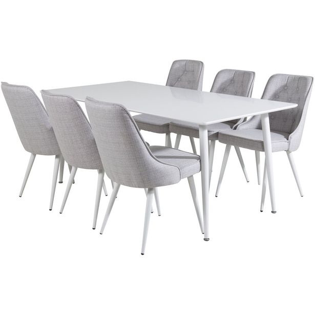 Ruokailuryhmä Venture Home, 180x90cm valkoinen Polar-pöytä+ 6 vaaleanharmaata Velvet Deluxe -tuolia