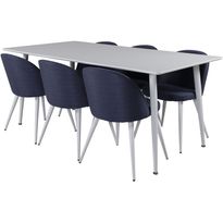 Ruokailuryhmä Venture Home, 180x90cm valkoinen Polar-pöytä + 6 sinistä Velvet-tuolia