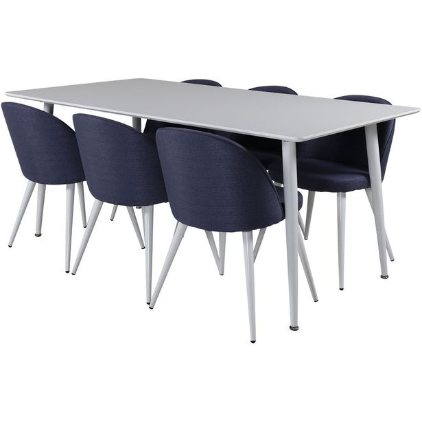 Ruokailuryhmä Venture Home, 180x90cm valkoinen Polar-pöytä + 6 sinistä Velvet-tuolia