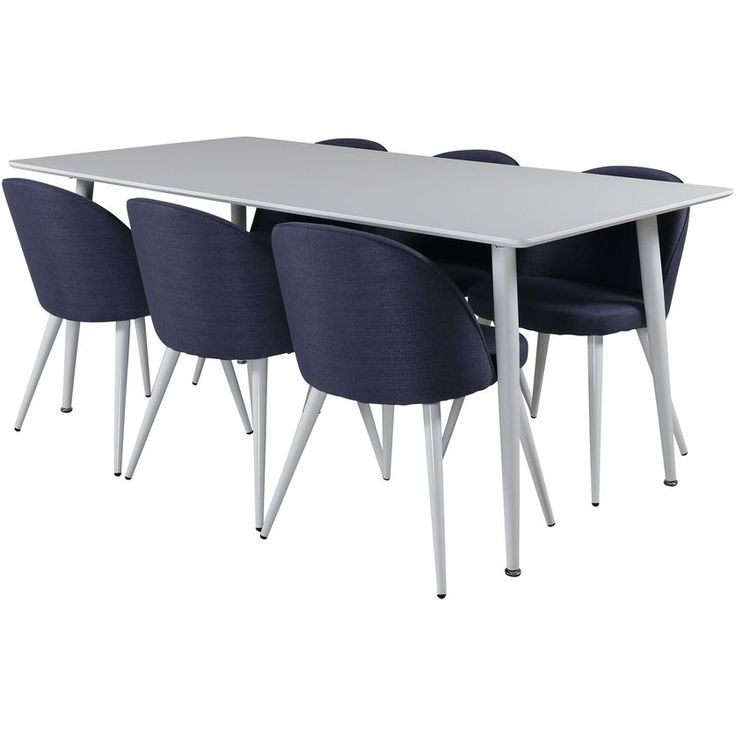 Ruokailuryhmä Venture Home, 180x90cm valkoinen Polar-pöytä + 6 sinistä Velvet-tuolia