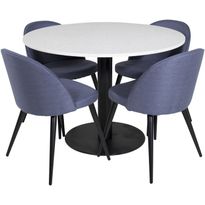 Ruokailuryhmä Venture Home, ⌀106cm valkoinen Razzia-pöytä + 4 sinistä Velvet-tuolia