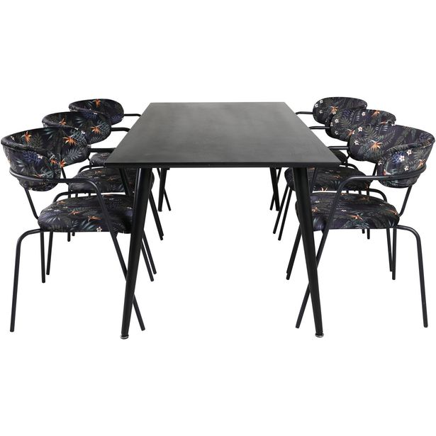 Ruokailuryhmä Venture Home, 180x90cm musta Dipp-pöytä + 6 mustaa Arrow-tuolia, sametti