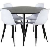 Ruokailuryhmä Venture Home, ⌀115cm musta Dipp-pöytä + 4 valkoista Polar Plastic -tuolia