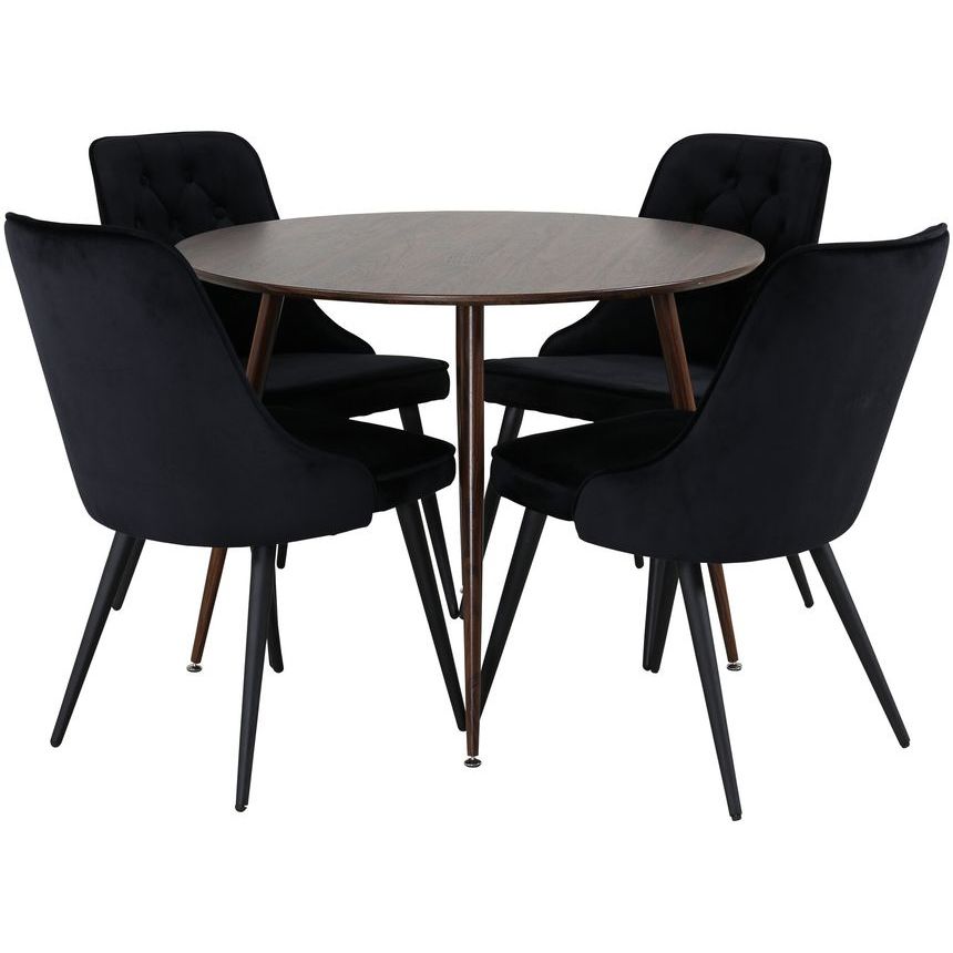 Ruokailuryhmä Venture Home, ⌀100cm tummanruskea Plaza-pöytä + 4 mustaa Velvet Deluxe-tuolia