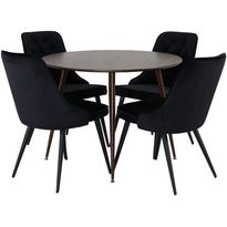 Ruokailuryhmä Venture Home, ⌀100cm tummanruskea Plaza-pöytä + 4 mustaa Velvet Deluxe-tuolia