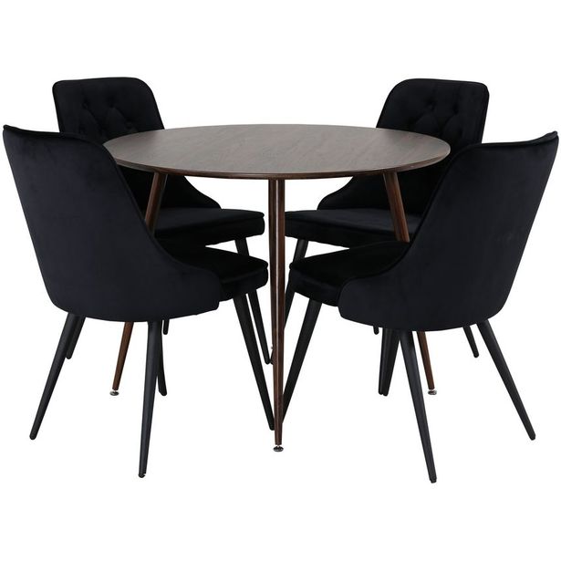 Ruokailuryhmä Venture Home, ⌀100cm tummanruskea Plaza-pöytä + 4 mustaa Velvet Deluxe-tuolia