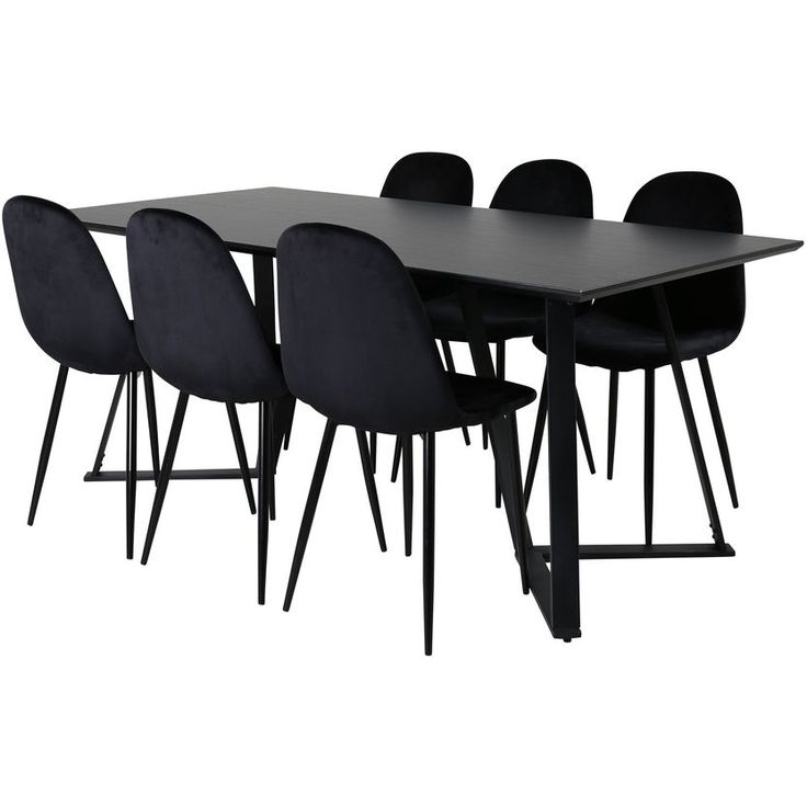 Ruokailuryhmä Venture Home, 180x90cm musta Marina-pöytä + 6 mustaa Polar-tuolia, sametti
