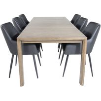 Ruokailuryhmä Venture Home, jatkettava tummanruskea Slider-pöytä + 6 mustaa Comfort-tuolia, keinonahka