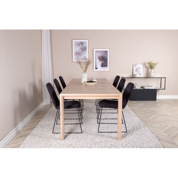Jatkettava ruokailuryhmä Venture Home, 170/250x95cm vaalea Slider 2 -pöytä + 6 mustaa Muce-tuolia