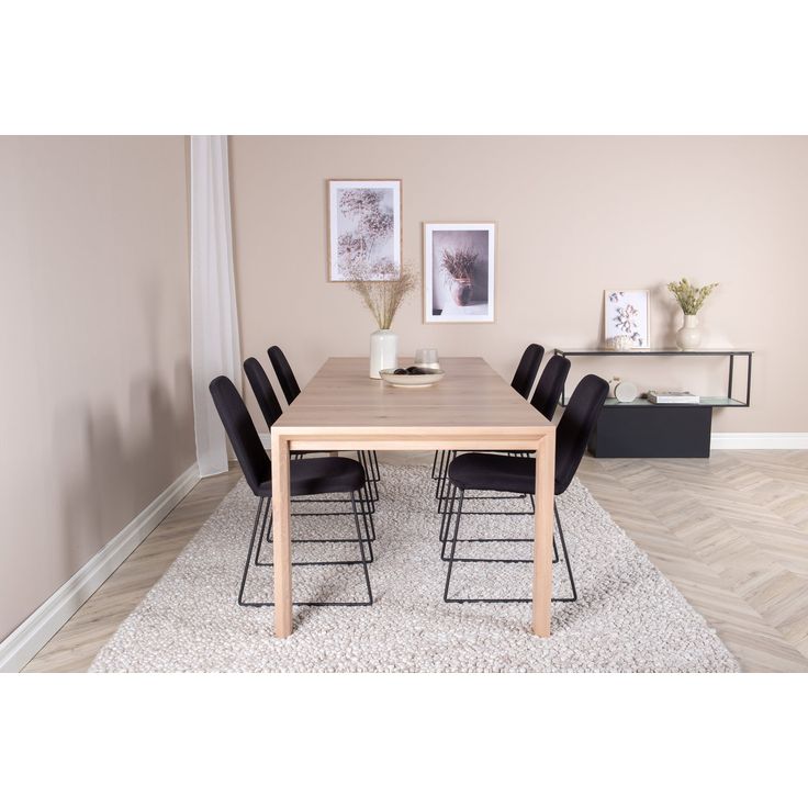 Jatkettava ruokailuryhmä Venture Home, 170/250x95cm vaalea Slider 2 -pöytä + 6 mustaa Muce-tuolia