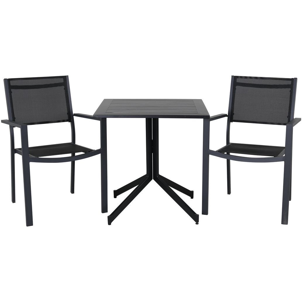 Parvekeryhmä Venture Home, 70x70cm Way-pöytä + 2 mustaa, pinottavaa Copacabana-tuolia