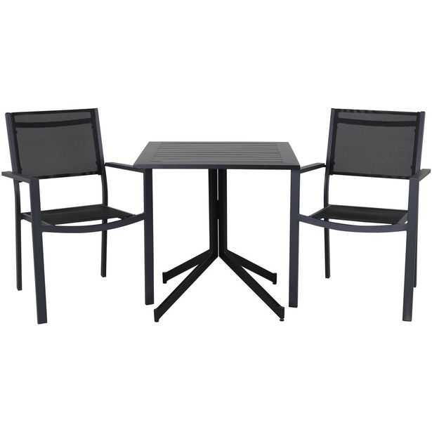 Parvekeryhmä Venture Home, 70x70cm Way-pöytä + 2 mustaa, pinottavaa Copacabana-tuolia