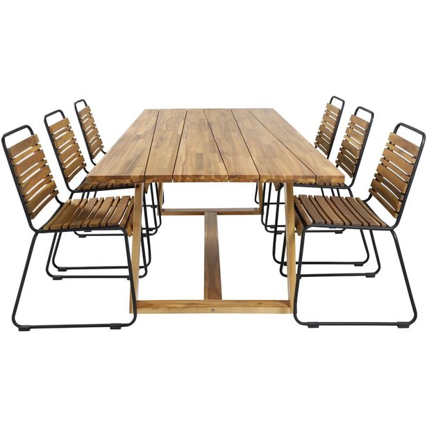 Ruokailuryhmä Venture Home, 220x100cm Plankton-pöytä + 6 musta/ruskeaa Bois-tuolia
