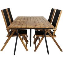 Ruokailuryhmä Venture Home, 200x100cm akaasia/musta Chan-pöytä + 4 musta/ruskeaa, kokoontaitettavaa Little John -säätötuolia