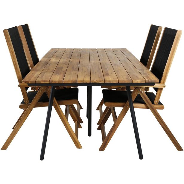 Ruokailuryhmä Venture Home, 200x100cm akaasia/musta Chan-pöytä + 4 musta/ruskeaa, kokoontaitettavaa Little John -säätötuolia