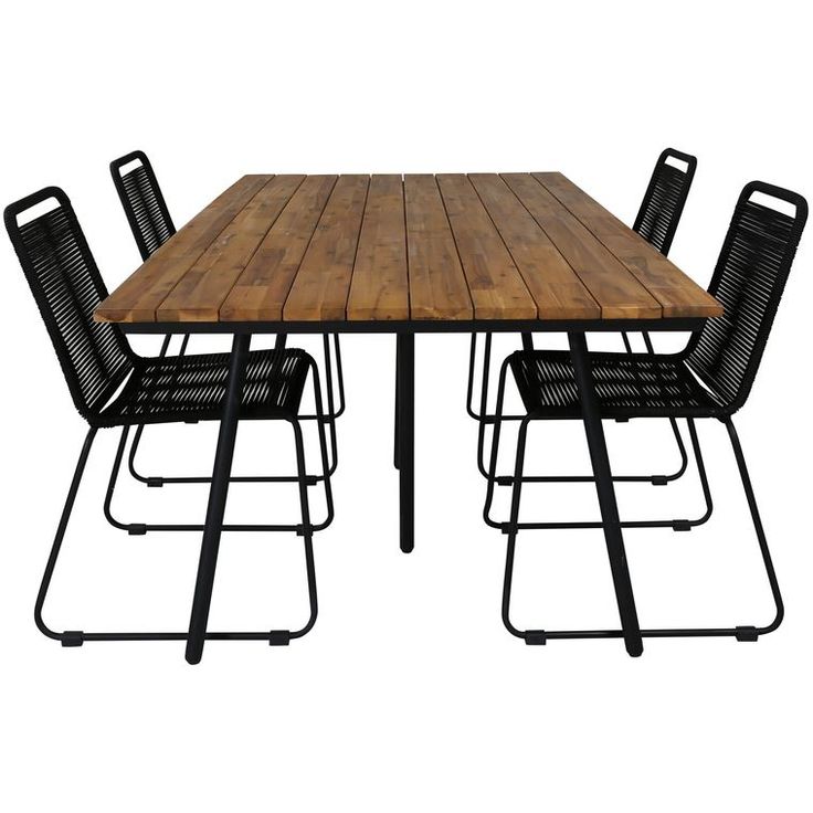 Ruokailuryhmä Venture Home, 200x100cm akaasia/musta Chan-pöytä + 4 mustaa, pinottavaa Lindos-tuolia
