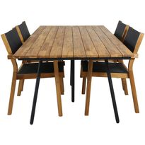 Ruokailuryhmä Venture Home, 200x100cm akaasia/musta Chan-pöytä + 4 mustaa, pinottavaa Venice-tuolia