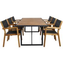 Ruokailuryhmä Venture Home, 200x100cm ruskea/musta Khung-pöytä + 6 mustaa, pinottavaa Venice-tuolia
