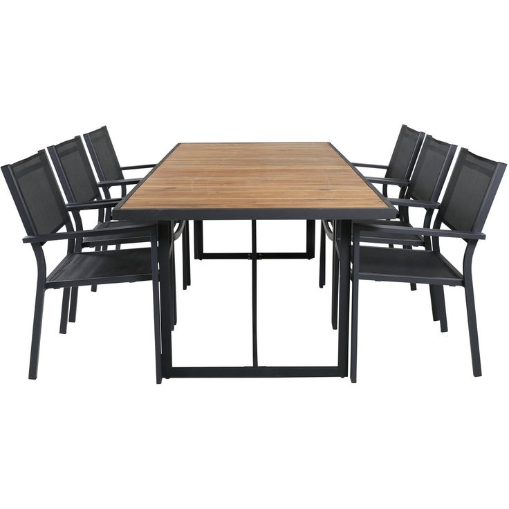 Ruokailuryhmä ulos Venture Home, 200x100cm ruskea Khung-pöytä + 6 mustaa Copacabana-tuolia