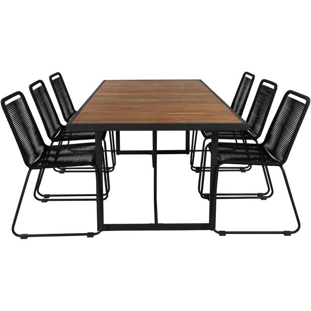 Ruokailuryhmä Venture Home, 200x100cm ruskea/musta Khung-pöytä + 6 mustaa, pinottavaa Lindos-tuolia
