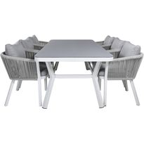 Ruokailuryhmä Venture Home, 200x100cm valkoinen/harmaa Virya-pöytä + 6 harmaa/valkoista Virya-tuolia