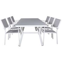Ruokailuryhmä Venture Home, 200x100cm valkoinen/harmaa Virya-pöytä + 6 harmaa/valkoista, pinottavaa Copacabana-tuolia