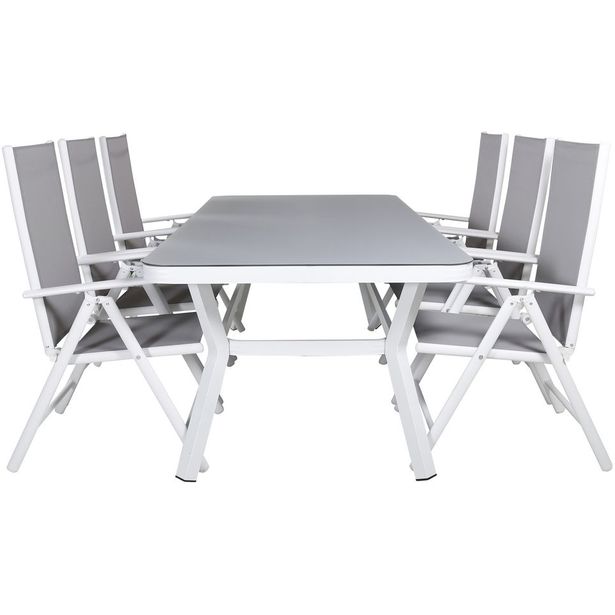 Ruokailuryhmä Venture Home, 200x100cm valkoinen/harmaa Virya-pöytä + 6 harmaa/valkoista Break-säätötuolia