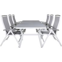 Ruokailuryhmä Venture Home, 200x100cm valkoinen/harmaa Virya-pöytä + 6 harmaa/valkoista Albany-säätötuolia