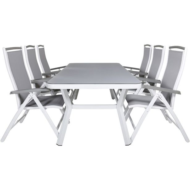 Ruokailuryhmä Venture Home, 200x100cm valkoinen/harmaa Virya-pöytä + 6 harmaa/valkoista Albany-säätötuolia