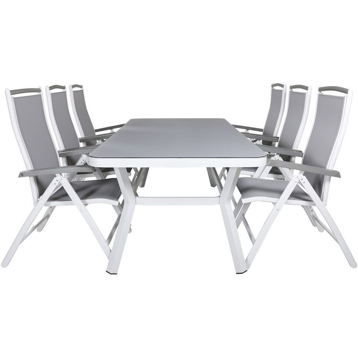 Ruokailuryhmä Venture Home, 200x100cm valkoinen/harmaa Virya-pöytä + 6 harmaa/valkoista Albany-säätötuolia