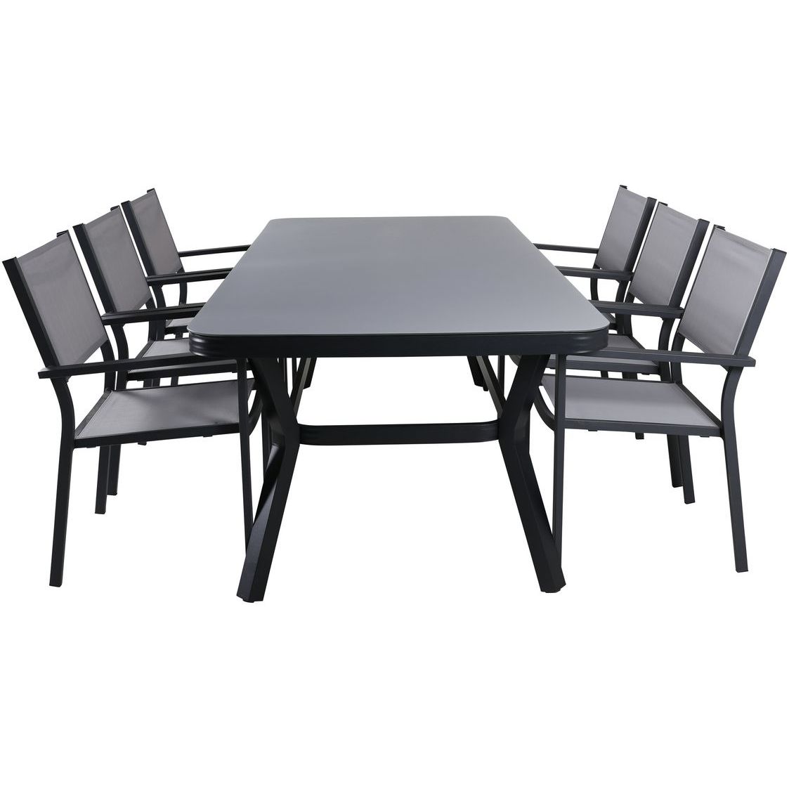 Ruokailuryhmä Venture Home, 200x100cm musta/harmaa Virya-pöytä + 6 harmaa/mustaa, pinottavaa Copacabana-tuolia
