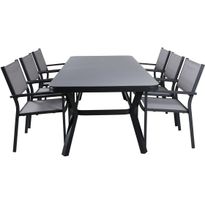 Ruokailuryhmä Venture Home, 200x100cm musta/harmaa Virya-pöytä + 6 pinottavaa Copacabana-tuolia