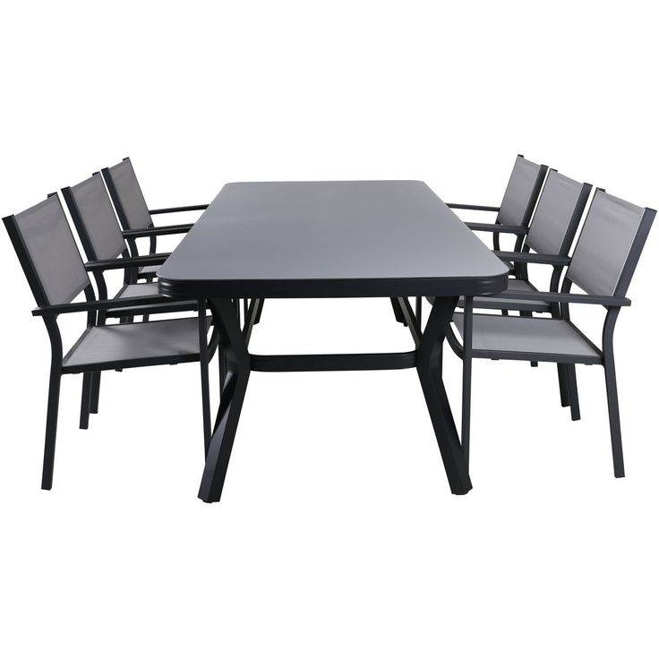 Ruokailuryhmä Venture Home, 200x100cm musta/harmaa Virya-pöytä + 6 pinottavaa Copacabana-tuolia
