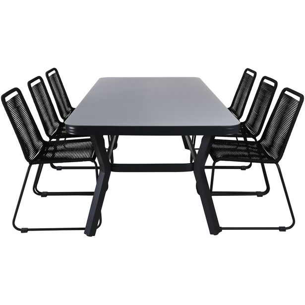Ruokailuryhmä Venture Home, 200x100cm musta/harmaa Virya-pöytä + 6 mustaa, pinottavaa Lindos-tuolia