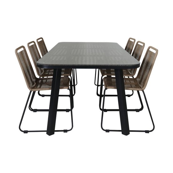 Ruokailuryhmä Venture Home, 200x100cm ruskea/musta Paola-pöytä + 6 pinottavaa Lindos-tuolia