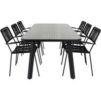 Ruokailuryhmä Venture Home, 200x100cm ruskea/musta Paola-pöytä + 6 mustaa Lindos-tuolia, käsinojilla