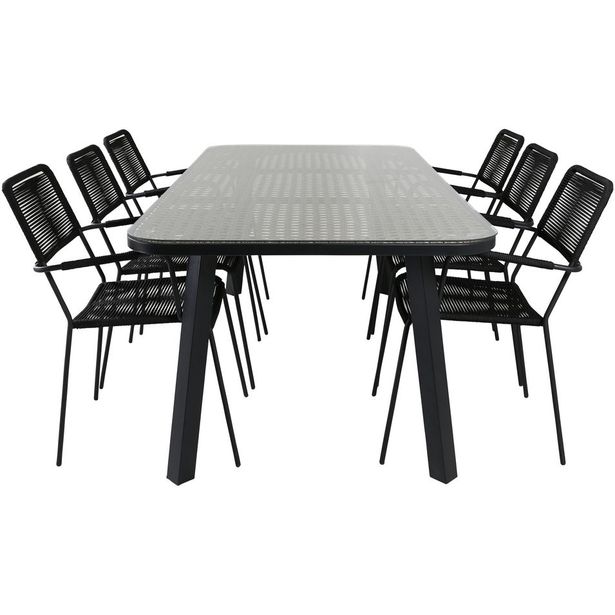 Ruokailuryhmä Venture Home, 200x100cm ruskea/musta Paola-pöytä + 6 mustaa Lindos-tuolia, käsinojilla