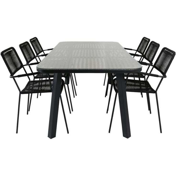 Ruokailuryhmä Venture Home, 200x100cm ruskea/musta Paola-pöytä + 6 mustaa Lindos-tuolia, käsinojilla