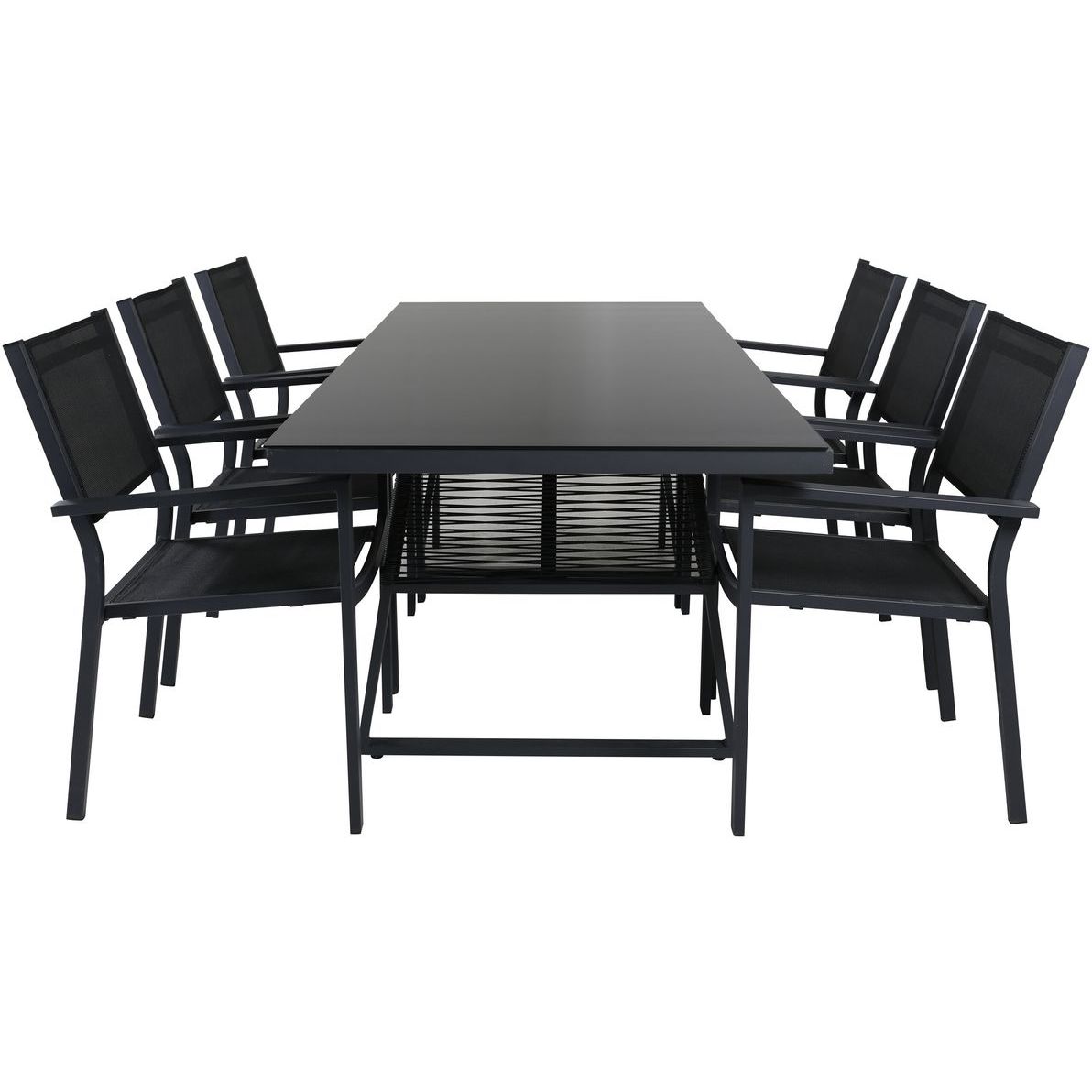 Ruokailuryhmä Venture Home, 193x90cm Dallas-pöytä + 6 mustaa, pinottavaa Copacabana-tuolia