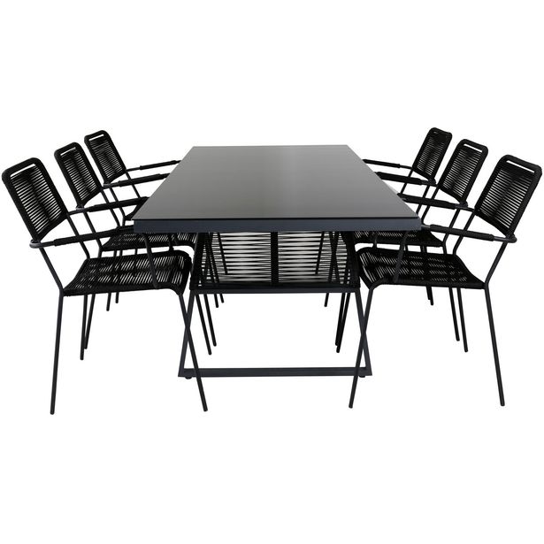 Ruokailuryhmä ulos Venture Home, Dallas-pöytä 193x90cm + 6 mustaa mustaa Lindos-tuolia