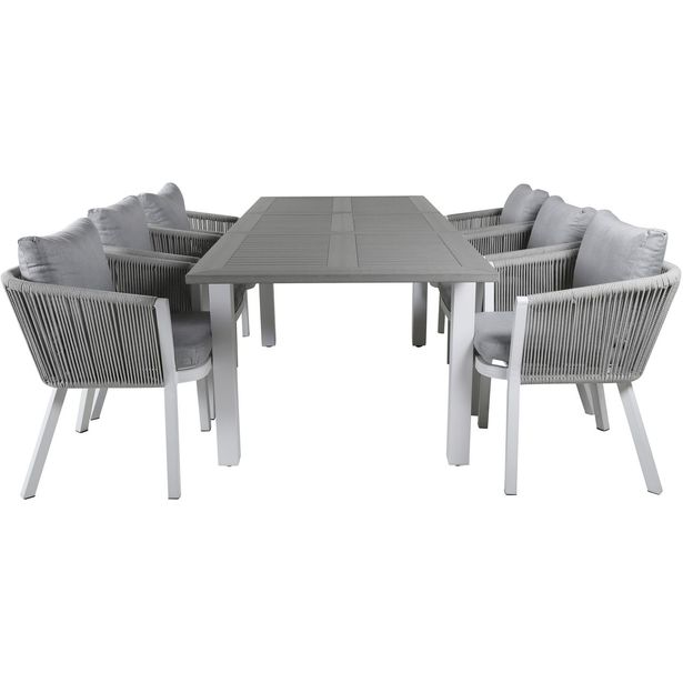 Ruokailuryhmä Venture Home, 152/210x90cm harmaa/valkoinen jatkettava Albany-pöytä + 6 harmaa/valkoista Virya-tuolia