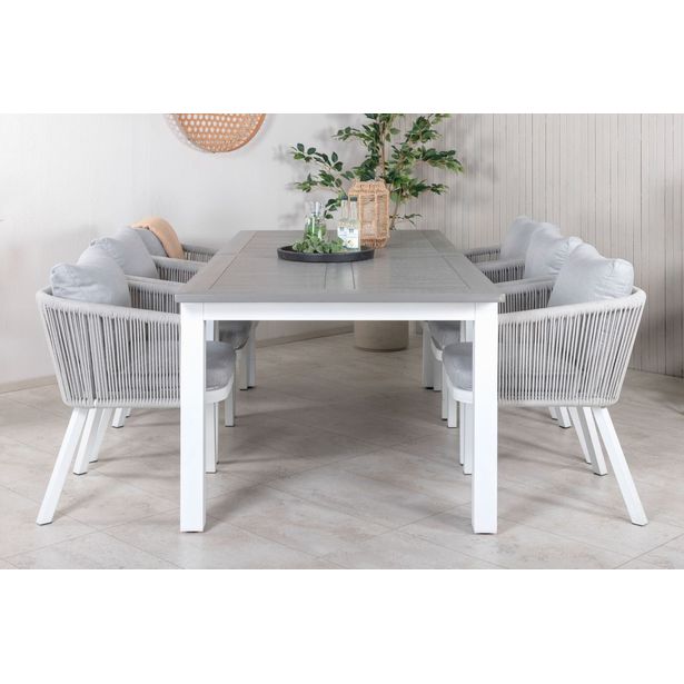 Ruokailuryhmä Venture Home, 224/324x100cm jatkettava harmaa/valkoinen Albany-pöytä + 6 harmaa/valkoista Virya-tuolia