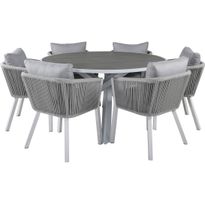 Ruokailuryhmä Venture Home, ø140cm, harmaa/valkoinen Parma-pöytä + 6 harmaa/valkoista Virya-tuolia
