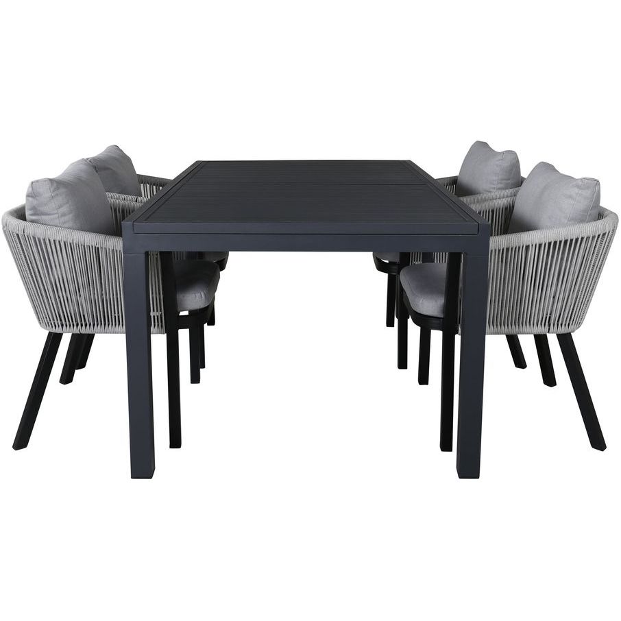 Ruokailuryhmä Venture Home, 160/240x100cm jatkettava musta Marbella-pöytä + 4 harmaa/mustaa Virya-tuolia