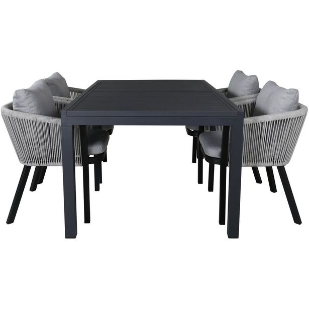 Ruokailuryhmä Venture Home, 160/240x100cm jatkettava musta Marbella-pöytä + 4 harmaa/mustaa Virya-tuolia